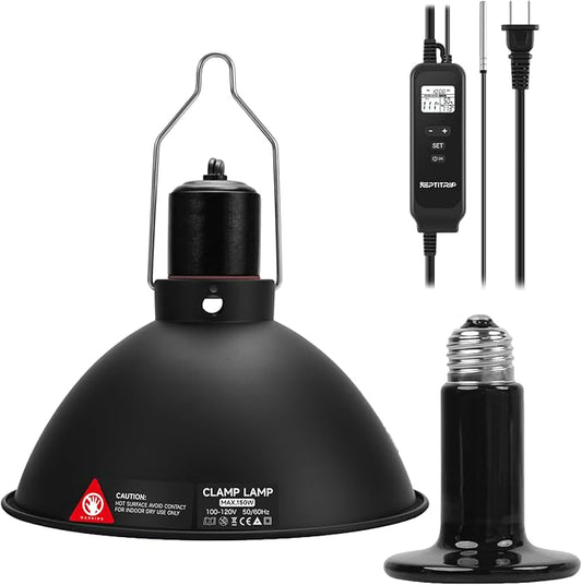 REPTITRIP 8.5 Inch Reptile Heat Lamp Fixture with PID Thermostat & 150W Ceramic Heat Emitter (Non-Light Emitting), Independent Day & Night Temperatures, Lampshade MAX 150W