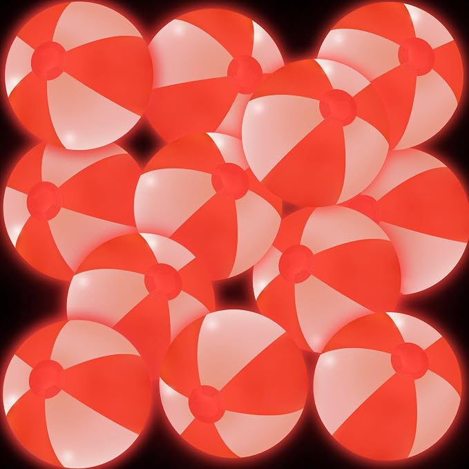MiniInflat 12 Pcs Light up Beach Balls 16'' Jumbo Pool LED Balls Glow in the Dark Neon Giant Inflatable for Summer Hawaiian Tropical Theme Beach Party Decor Water Accessory (Red)