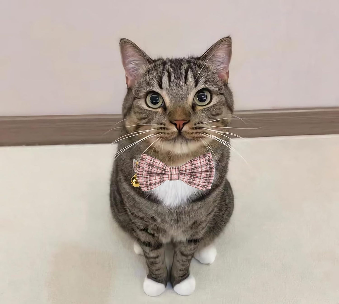 2 Pack Soft Cotton Cat Collars with Bowtie and Bell Breakaway Plaid Cat Kitten Collar(Pink and Jade Green)