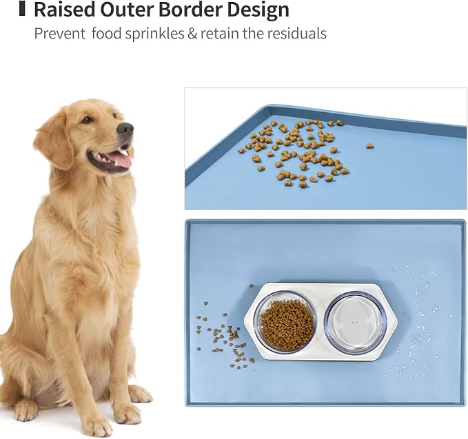 Dog Food Mat,Silicone Waterproof Food Tray,Non Slip Pet Bowl Mats Placemat,0.8" Raised Edge,Suitable for Most Small and Medium Sized Pets,28" x 18"