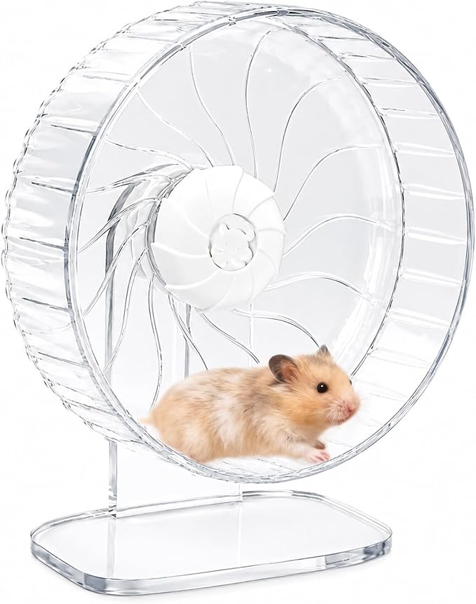 Silent Hamster Wheel, 8in Hamster Wheel with Adjustable Stand, Double-Bearing Quiet Spinner for Syrian Hamsters, Hedgehogs, Mice & Small Pets, Clear