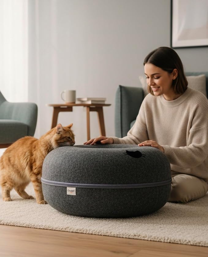 Cat Cave Tunnel Bed - Comfort Bedz Large Donut Cat House, Enclosed Felt Hideaway with Zipper, Top Perch, Interactive Toy, Washable for Indoor Cats up to 25lbs