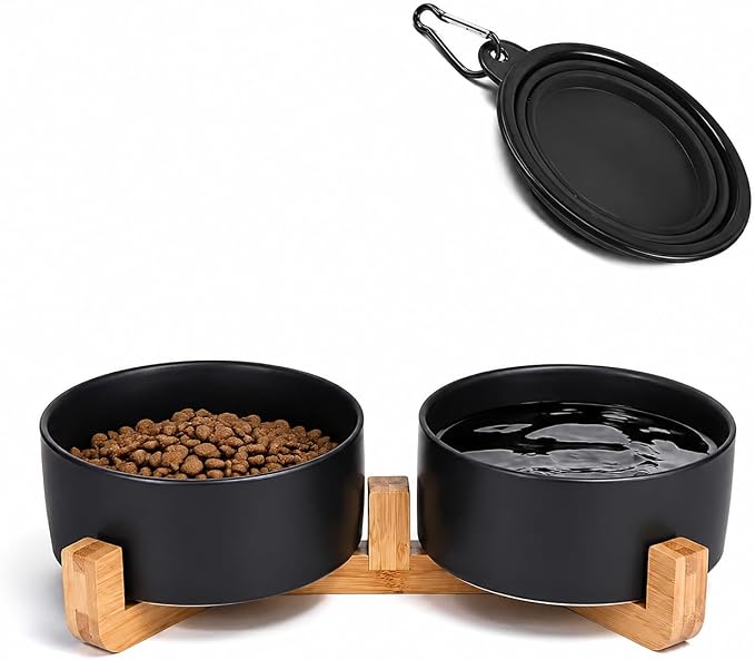Petygooing Dog Bowls,Black Ceramic Cat Dog Bowl Set with Wood Stand for Pet Food and Water,Non-Slip Cute Modern Pet Dish Set for Cats Small and Medium Dogs (28OZ/6.1 in)