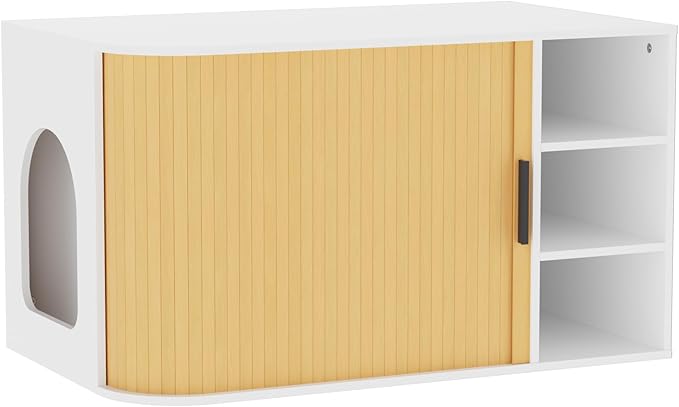 Cat Litter Box Enclosure Litter Box Furniture Hidden with Sliding Door Wooden Washroom Modern Indoor Cat House Table Nightstand Side End Table Box Cabinet,White and Natural