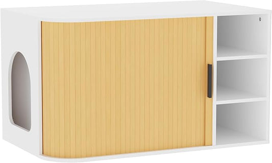 Cat Litter Box Enclosure Litter Box Furniture Hidden with Sliding Door Wooden Washroom Modern Indoor Cat House Table Nightstand Side End Table Box Cabinet,White and Natural