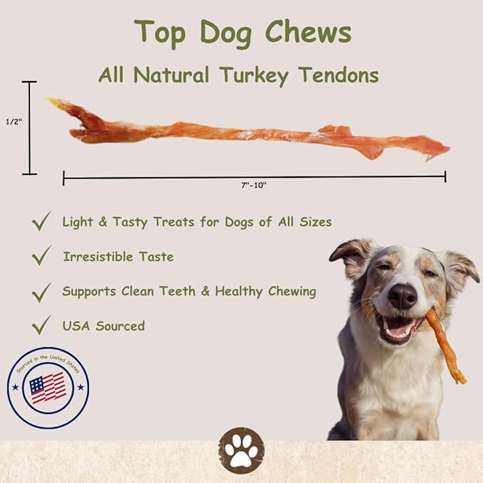 Top Dog Chews Turkey Tendon Dog Treat – 1LB All Natural USA Sourced, Human Grade Dog Chew, Hypoallergenic, Rawhide Alternative, Chewy High Protein Chews for Dogs (16 OZ)
