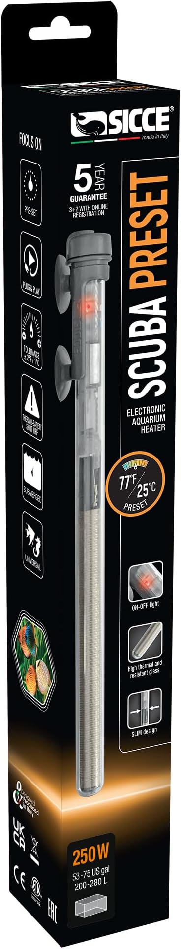 Sicce Scuba 250 Watt Aquarium Fish Tank Heater Preset at 77℉ for Up to 75 Gallons | 250W Submersible for Marine Saltwater and Freshwater | Run Dry Protection