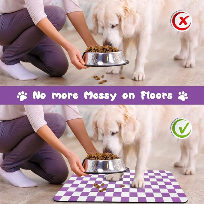 Dog Food Mats for Floors Waterproof, Pet Water Bowl Mats Pet Feeding Absorbent Placemats Plaid 16 * 24 inch