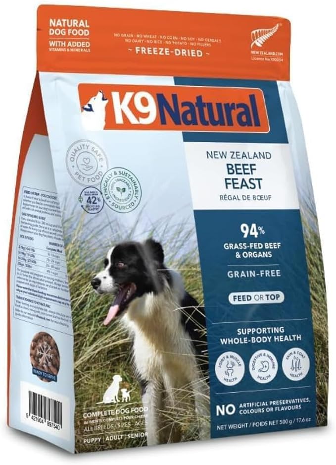 K9 Natural Beef Freeze Dried Dog Food, High-Meat Natural Complete Meal or Meal Toppers for Dogs, Grass-Fed Beef from New Zealand, Grain-Free, GMO-Free, Complete & Balanced Nutrition, 17.6oz