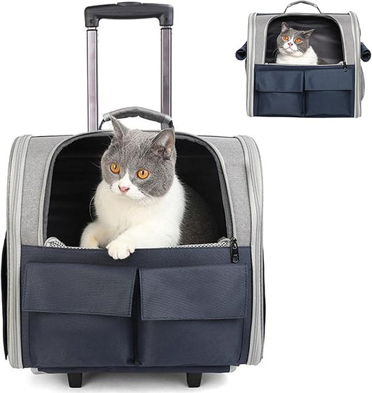 Cats Rolling Carrier with Wheels, Foldable Dog Travel Carrier Backpack Luggage Bag,Cats,Puppies Travel Bag Trolley with Mesh Ventilation Windows, Storage Pockets