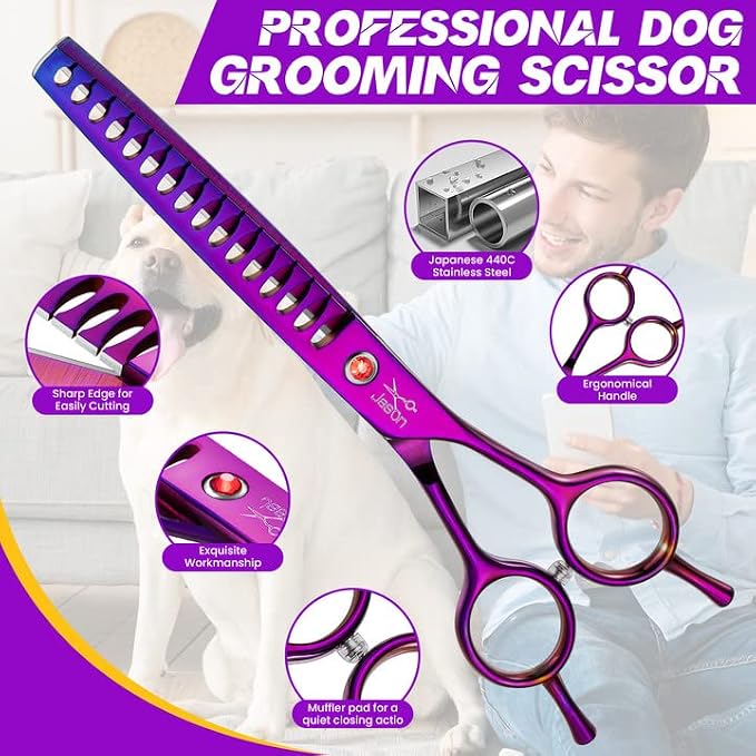 JASON 7" Dog Grooming Scissor - Professional Chunker Shear with Ergonomic Handle Japanese Stainless Steel Hair Scissor for Dogs, Cats and Other Pets, Sharp (Chunker, Purple) Christmas Gift