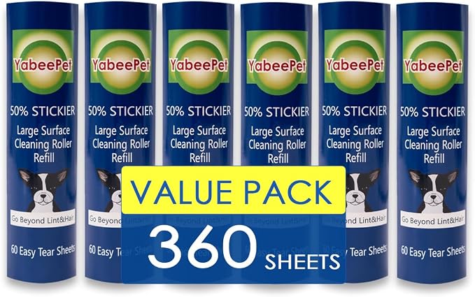 8 inch Large Surface Roller Refill for Scotch-Brite 50% Stickier Lint Roller, Works Great On Pet Hair (60 Sheets per Roll, 6 Pack)