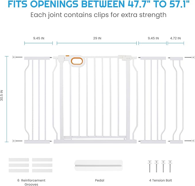 owlie Baby Gate for Stairs - 29-57'' Wide,No Drilling, Pressure Mount, White (30.5'' Tall)
