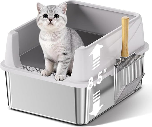 Stainless Steel Litter Box, 17.4'' x 13.5'' x 8.5'' Metal Kitty Litter Box for Small Cats Kitten High Sided Litter Boxs with Scoop Open Top Low Entry Easy to Clean Non-Sticky Anti-Leakage