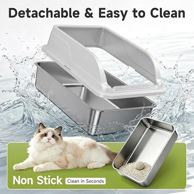 Stainless Steel Litter Box Metal High Sided Extra Large Cat Litterbox, Anti-Urine Leakage, No Odors, Easy Cleaning, Non-Stick, Include Scoop