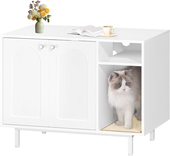 Hzuaneri Cat Litter Box Enclosure,Hidden Litter Box Furniture with Storage, Large Wooden Cabinet with Sisal Mat, Modern Cat Washroom for Living Room, Bedroom, Entryway, White CB01513W