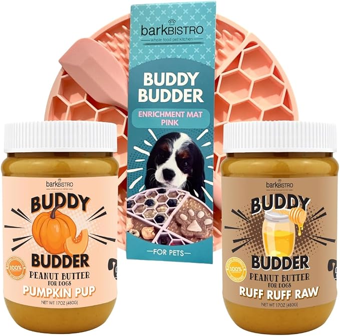 BUDDY BUDDER Pumpkin Pup + Ruff Ruff Raw Red Dog Enrichment Mat Combo, 100% All Natural Peanut Butter, Healthy Dog Treats, Made in USA (Set of 2 / 17oz Jars + Lickmat)