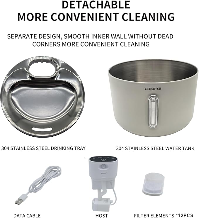 Wireless Cat Water Fountain Stainless Steel, 135oz/4L Cat Fountain, Battery Operated, Cordless Pet Water Fountain for Cats & Dogs with Motion Sensor, Ultra Quiet Pump, 12 Filters (White, 4L)