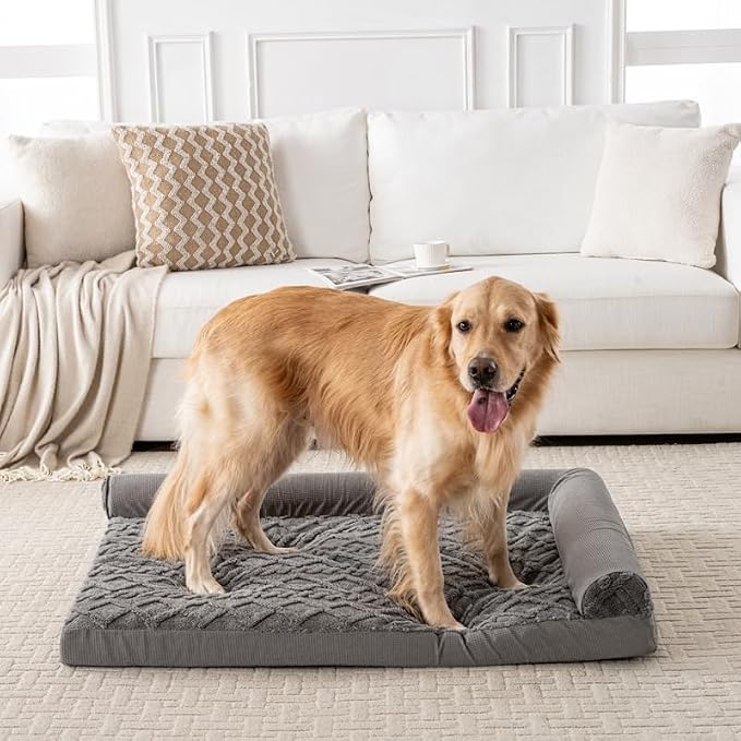 Dog Bed, L-Shaped Plush Sofa with Bolster, Memory Foam Pet Bed, Machine Washable Cover, for All Dog and cat Breeds (Dark Gray, 42" x 30" x 6.5")