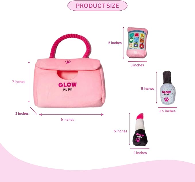 Glow Pups Dog Hide and Seek Purse Toy for Dog, Pink Purse Dog Toys Filled with Squeakers & Crinkle Material, Interactive Plush Lipstick, Dog Phone e & Nail Polish Toys for Small Dogs - Pink/Fuchsia