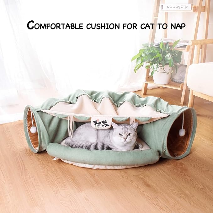 LEFTSTARER 2-in-1 Collapsible Cat Tunnel for Indoor Bed and Hideout - Pet Dog Rabbit Bunny Ferret Tunnel Tubes Toys with Removable Washable Mat, Tower Wheel Stuff