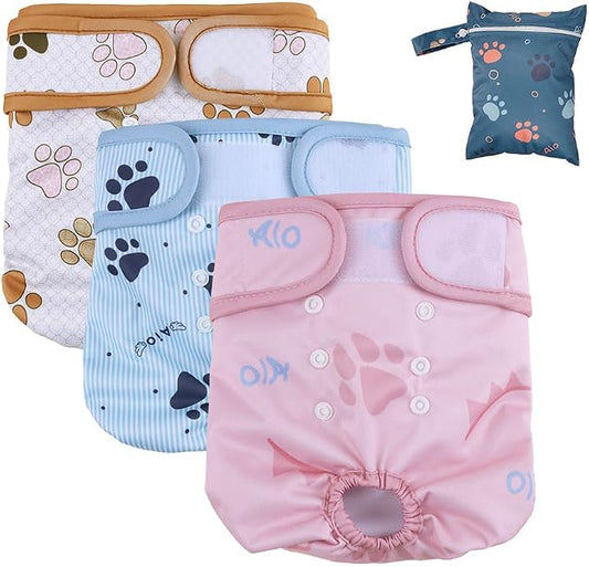 AIO Dog Diapers Female(3 Pack), Small Medium Large Highly Absorbent Wraps Reusable Dog Diapers Female