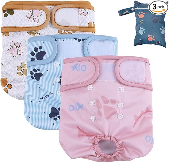 AIO Dog Diapers Female(3 Pack), Small Medium Large Highly Absorbent Wraps Reusable Dog Diapers Female