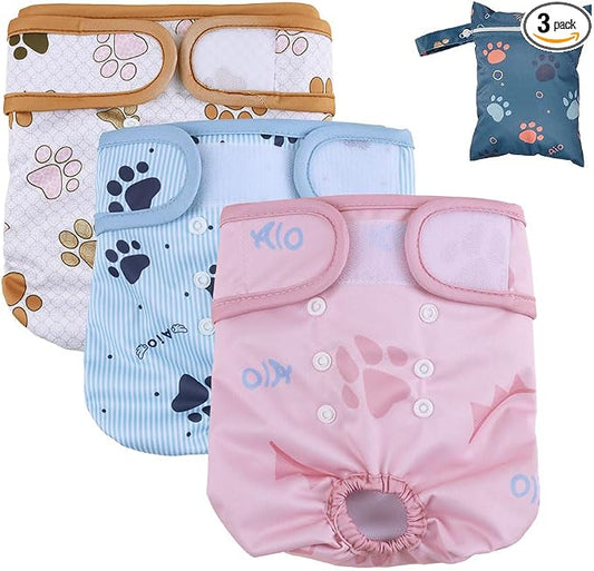 AIO Dog Diapers Female(3 Pack), Small Medium Large Highly Absorbent Wraps Reusable Dog Diapers Female
