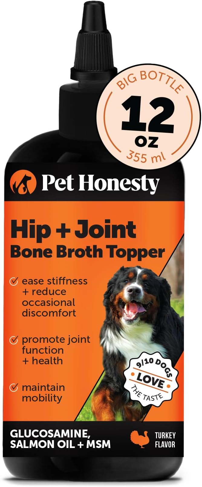 Dog Hip and Joint Supplement Liquid - Glucosamine Chondroitin MSM Bone Broth for Dogs Food Topper - Advanced Mobility Support Oil Eases Stiffness and Joint Discomfort in Large and Senior Dogs (12oz)