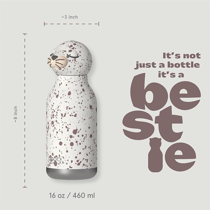 asobu Bestie Bottle Insulated Stainless Steel Water Bottle with Detachable Soft Animal Head Fun Drinking For Kids and Teens with Flexible Reusable Straw 16 Ounce (Seal White)