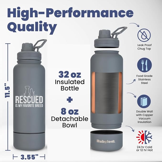 Rubyloo Original Doggy Bag (Charcoal) & 32oz Insulated Water Bottle with Attached 8oz Bowl (Rescued is My Favorite Breed) – Dog Travel Bag & Hydration Set