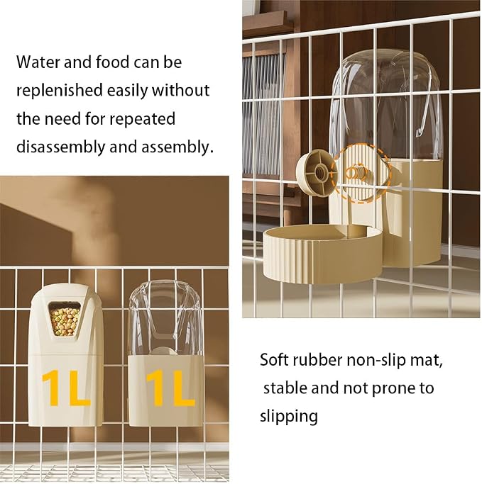 Hanging Pet Feeder Water Dispenser Set - 2-in-1 Gravity Food Water Bowl for Cats Small Dogs Rabbits, Cage Mounted No-Spill Pet Feeding Station (Light Coffee)