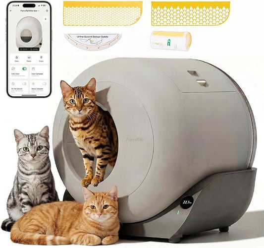 Furrytail Automatic Litter Box Self Cleaning, Kitty Litter Box, Smart Safety Sensors, Advanced Odor & Leak Control, Large Capacity for Multi Cat Homes, with App Control & 40 Trash Bags, Gray