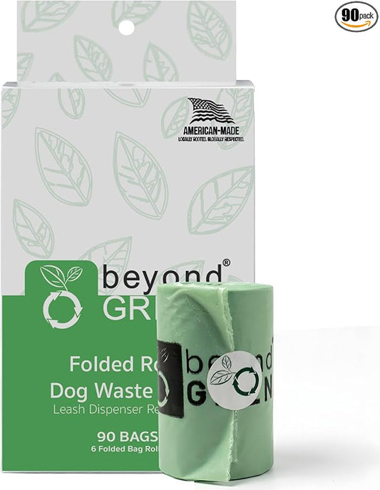 beyondGREEN Dog Waste Bags, 90 Count (6 Folded Rolls), Green Dog Poop Bags, 9 x 12 Inch Bags, Easy Dispensing Rolls, Made in USA