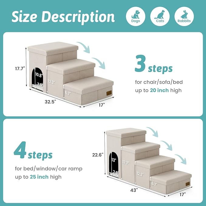 Dog Stairs with Storage, 4-Step Wider Sturdy Dog Steps for Small/Medium/Large Dogs and Older Cats, Doggie Ramp with Condo for Bed/Couch/Car Hold Up to 180 lbs (22.6" H, Beige)
