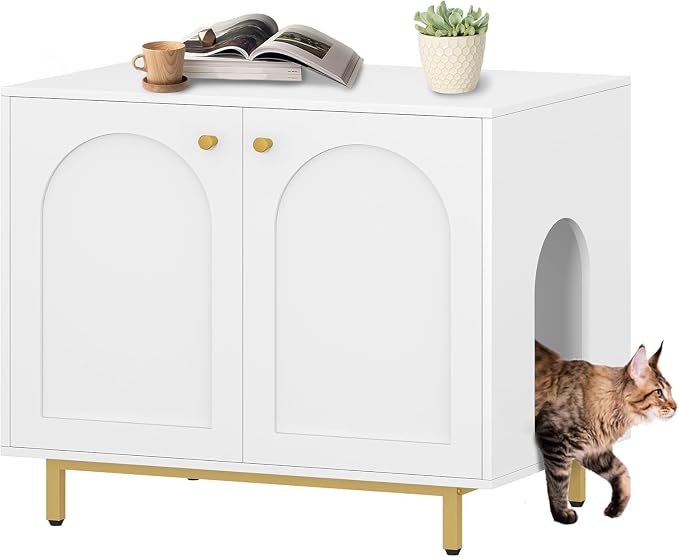 Hzuaneri Cat Litter Box Enclosure, Hidden Litter Box Furniture Cabinet, Wooden Indoor Cat House, Side End Table, Living Room, Bedroom, White and Gold CB85003G
