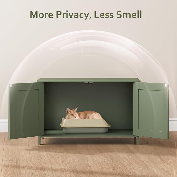 Homhedy Cat Litter Box Enclosure,Litter Box Furniture Hidden with Barn Door,Wooden Cat Washroom Furniture, Fit Most of Litter Box, Green