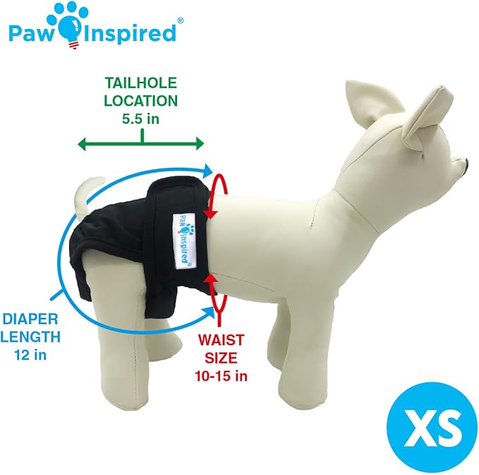 Paw Inspired Washable Dog Diapers (3 Pack) | Reusable Cloth Doggy Diapers for Female Small, Medium, Large Size Dogs (Black with Black Lining, Size XS)