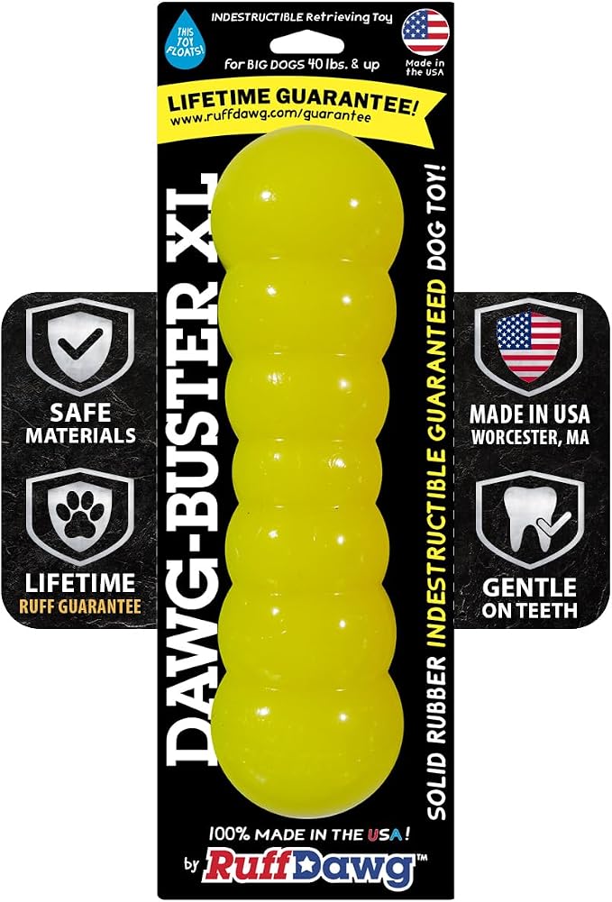 Ruff Dawg Indestructible Dawg-Buster XL Yellow – Heavy-Duty Solid Rubber Dog Chew Stick for Dogs Under 40 lbs – Floats & Bounces – Made in USA