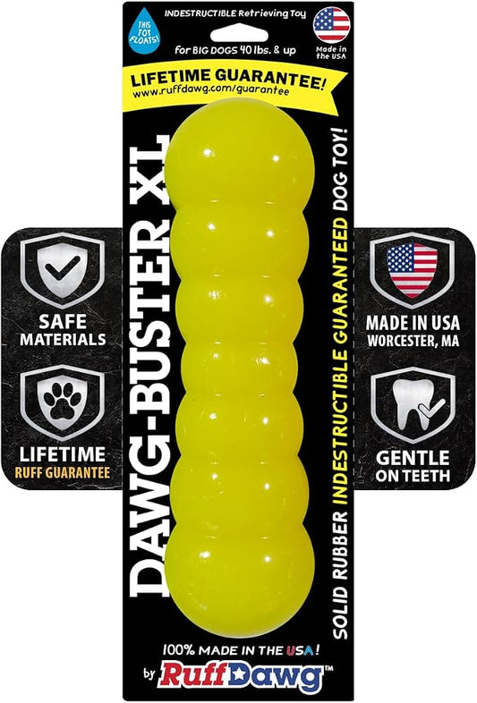 Ruff Dawg Indestructible Dawg-Buster XL Yellow – Heavy-Duty Solid Rubber Dog Chew Stick for Dogs Under 40 lbs – Floats & Bounces – Made in USA