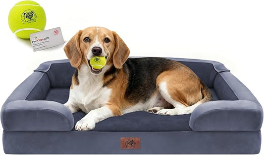 Orthopedic Memory Foam Dog Bed, 36x27, Waterproof for Large Dogs | Removable, washable cover • Waterproof memory foam liner • Bolstered couch design for joint relief • Includes tennis ball toy