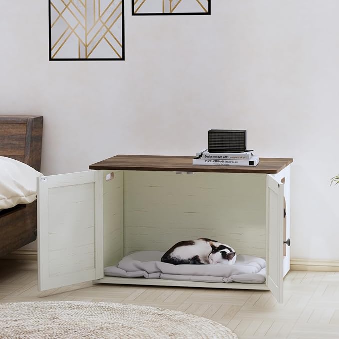 Timberer Cat Litter Box Enclosure, Litter Box Furniture Hidden with Removable Divider, Wooden Cat Washroom Furniture, Indoor Cat House, Rustic Brown and White