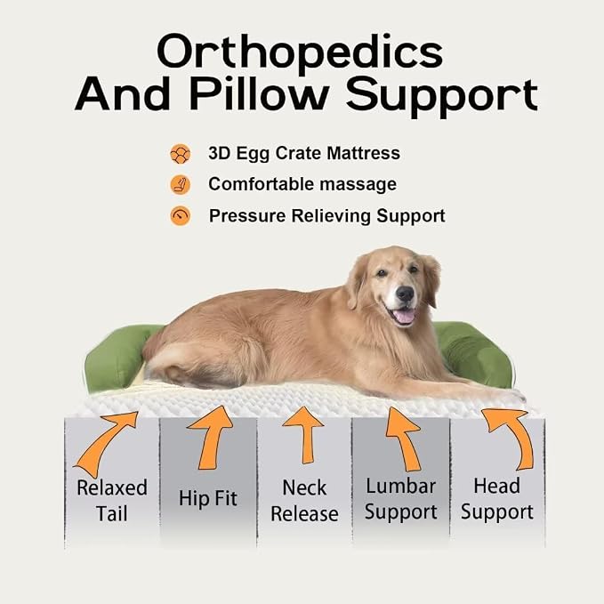 Large Dog Bed Orthopedic Washable - Beds Bolster - Extra XL XLarge Big Dogs - Memory Foam Couch Sofa - Waterproof with Removable Cover - Grass Green Dog Bed