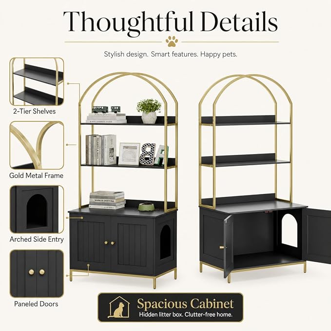 Homhedy Cat Litter Box Enclosure, Litter Box Furniture Hidden with 2-Tier Storage Shelves, Wooden Cat Washroom Furniture with Metal Frame, Modern Style, Black and Gold