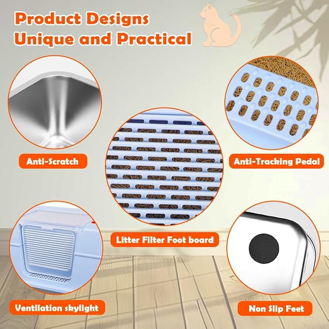Vivifying Stainless Steel Litter Box with Lid, XL Side Entry Extra Large Litter Box for Big Cats & Kitty, Removable Enclosed Metal Cat Pan with High Sided Enclosure, Scoop, Mat, Footboard (Blue)