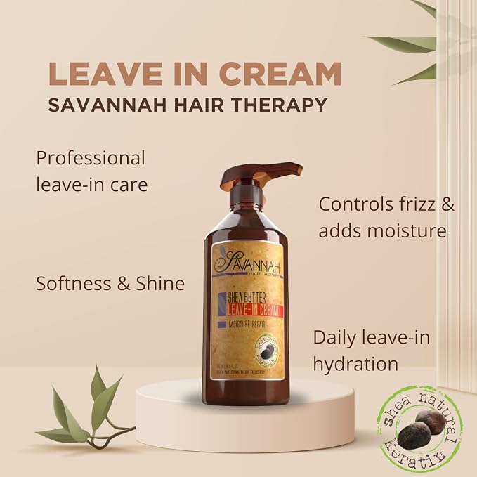 Savannah Hair Therapy Leave-In Cream with Shea Butter, Keratin & Silk Protein – Moisturizing & Anti-Frizz Treatment for Dry, Damaged or Color-Treated Hair – Professional Salon Formula 500 ml (16.9 oz)