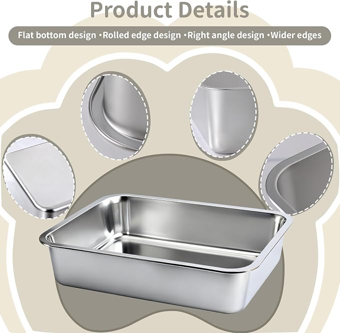 17.5" x 13.5" x 4" Stainless Steel Sifting Cat Litter Box - Metal High Sided Open Top Litterbox Odor Control Non-Clumping with Scoop Litter Mat Trash Bag, Anti-Leakage, Less Tracking, Easy Cleaning