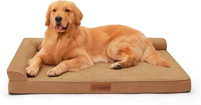 Rainmr Orthopedic Dog Bed for Large Dogs, 41"x27"x6" Memory Foam Pet Bed with Washable Microsuede Cover, TPU Waterproof Liner & Nonskid Bottom, for Indoor, Outdoor, Crate ＆ Car Use, Khaki