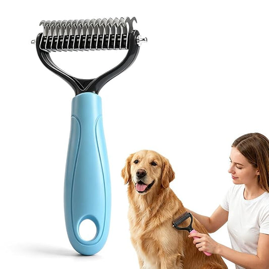 2-in-1 Dematting Comb for Dogs Cats, Double-Sided Undercoat Rake Deshedding Brush, Pet Pro Grooming Tool Removes Tangles Knots Fur, Gentle Grooming Brush for Long Haired Pets (1PC Blue)