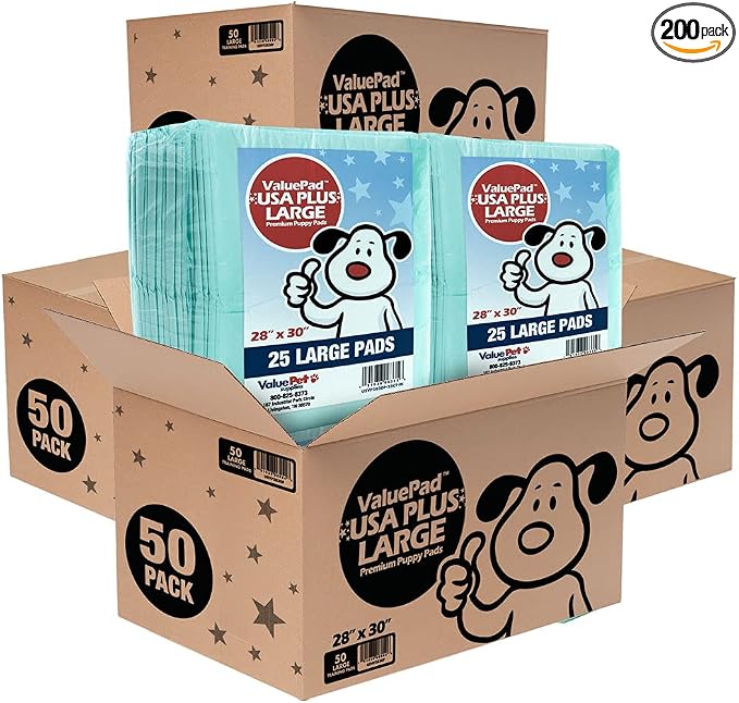 ValuePad USA Plus Puppy Pads, Large 28x30 Inch, 200 Count Bulk Pack - Premium Puppy Pee Pads for Dogs, Tear Resistant, Super Absorbent Polymer Gel Core, 5-Layer Design